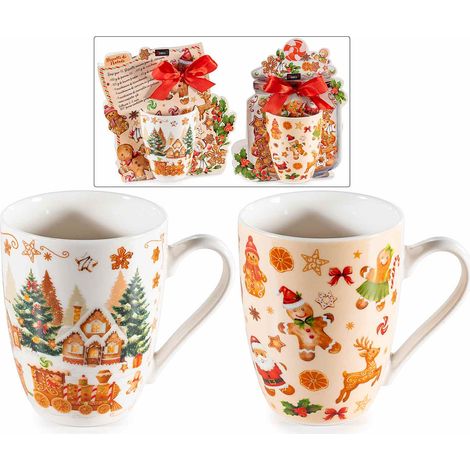 Tasses de Noël en porcelaine décor biscuits pain d'épices, en coffret cadeau découpé avec petit nœud, lot de 4, tasse : diam. 8 cm x H. 10,5 cm