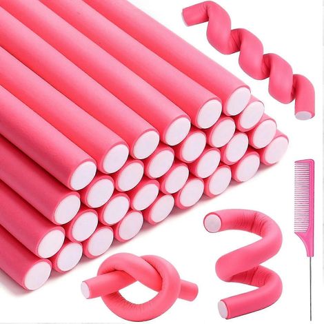 Lot de 30 fers à friser et à torsader flexibles Syhood avec embouts en mousse souple – sans chauffage. Comprend 1 peigne à queue conique en acier. Convient aux cheveux longs et courts. Rose, 17,8 x 0, (1/5)