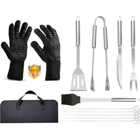 Kit Barbecue 9 Pièces en Acier Inoxydable avec Gants Résistants à 800°C (1472°F) - Ustensiles de Cuisine pour Grillade, Camping, Cadeau Homme - Sac de Transport Inclus (1/5)