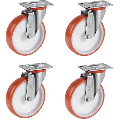 Lot de 4 roulettes pivotantes polyuréthane rouge 150 mm - 900 Kg (1/2)