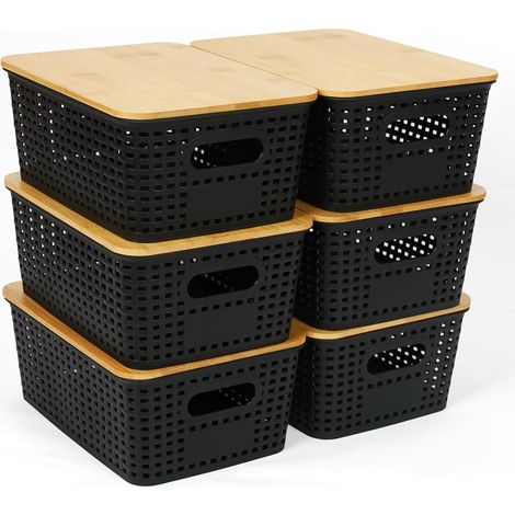 Set of 6 Stackable Storage Boxes with Bamboo Lid, Plastic, Black, 25.7 x 18 x 10.6 cm (1/5)