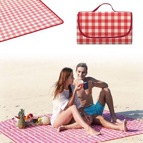 Manta picnic, 200 x 300 cm, Impermeable, Alfombra plegable exteriores, Esterilla portátil jardín playa, Resistente arena, Cuadros rojos blancos (1/5)