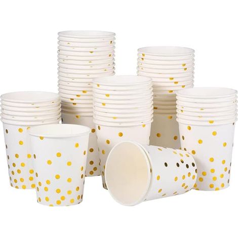 60 gobelets en papier colorés de 250 ml, décorés de pois dorés, pour les fêtes d'anniversaire, les mariages, le camping, blancs. (1/4)