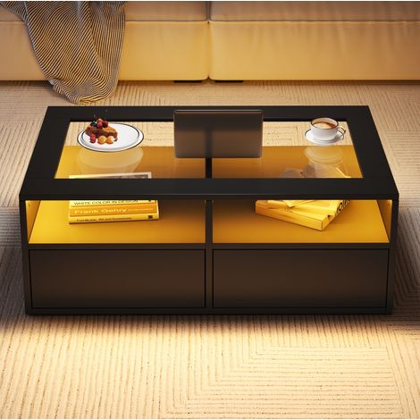 Tavolino 100x50x35 cm con illuminazione LED, 2 cassetti, elementi in vetro e vano portaoggetti aperto, nero