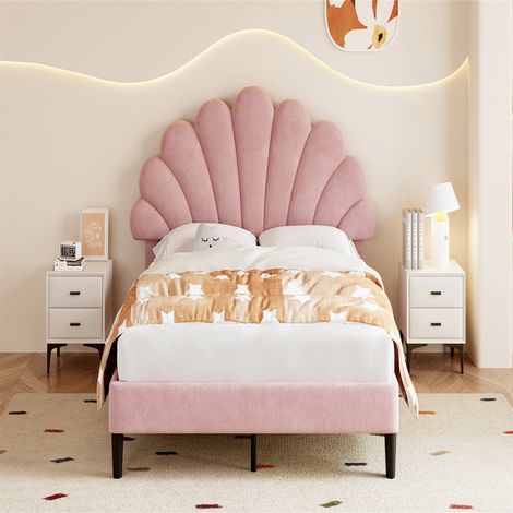 Upholstered Velvet Bed Frame, with Adjustable Chic Petal Headboard, Solid Wood Slat, No Box Spring Needed, Easy Assembly, Double Bed,Pink