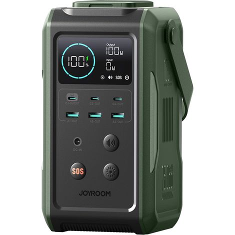 Batería externa Joyroom JR-PBF10 de 75000 mAh y 100 W con 3 puertos USB-C y 3 puertos USB-A, linterna plegable y asa (verde).
