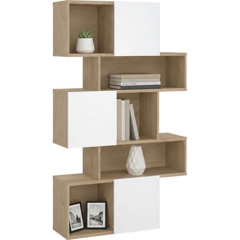 Dmora - Libreria Acetosella, Scaffale da ufficio, Mobile portalibri, Biblioteca, 96x32 h166 cm, Rovere e Bianco lucido