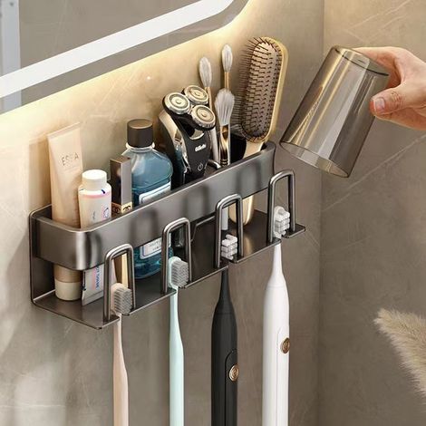 Portaspazzolini, porta spazzolino da denti per doccia, portaspazzolino da parete, organizer per doccia, portaspazzolino elettrico per piano di lavoro del bagno, salvaspazio - grigio (1/5)