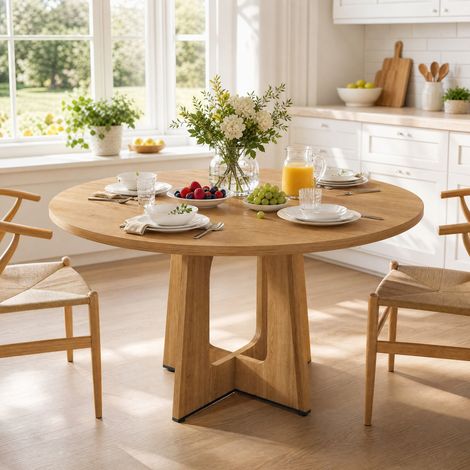 Mesa de comedor redonda 120 cm MDF acabado roble, 4 a 6 personas, patas regulables HAVRYA (1/5)