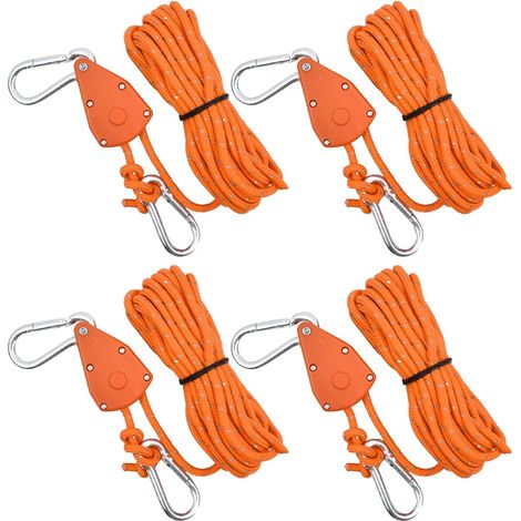 Cordes de tente réfléchissantes, cordes à cliquet réglables pour camping, parasols, auvents, lot de 4, 4 mm x 4 m, orange