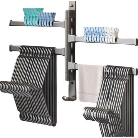 Barre porte-serviettes pivotante à 180°, 4 pôles, en alliage d'aluminium, avec bras pivotant, pour salle de bain, crochet pivotant, rangement mural, gris argenté (1/4)