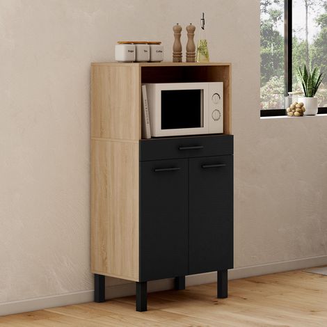 Aparador microondas CINA 60 cm haya y negro gama media con 1 cajón y 2 puertas