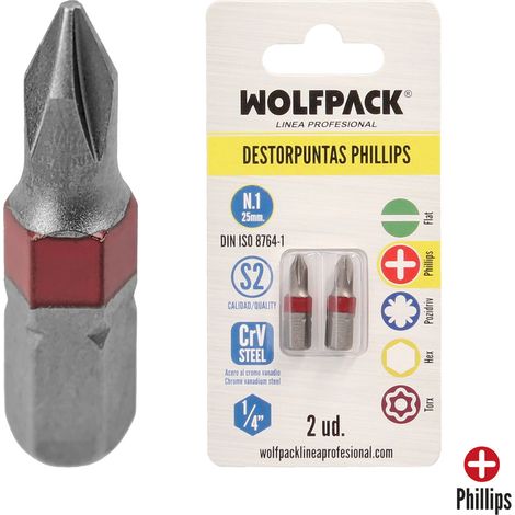 WOLFPACK LINEA PROFESIONAL Cacciavite a croce con punte lunghe n. 1 (2 pz.). Acciaio al cromo vanadio S2. Punte esagonali, portapunte, (1/5)