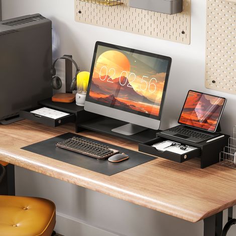 Rehausseur Écran PC Bureau, Support d'Écran d'Ordinateur de 60-116 cm avec 2 Tiroirs, Longueur et Angle Réglables Noir (1/5)