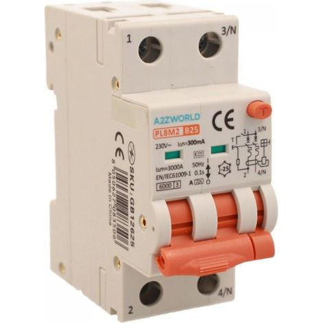 RCBO Interruttore Magnetotermico Differenziale Con Doppia Leva Tipo A Curva B 2P 2M 6000A 300mA, Diagnostica Visiva, B25A  AC 230V IP20 IEC61009-1 PL8M2