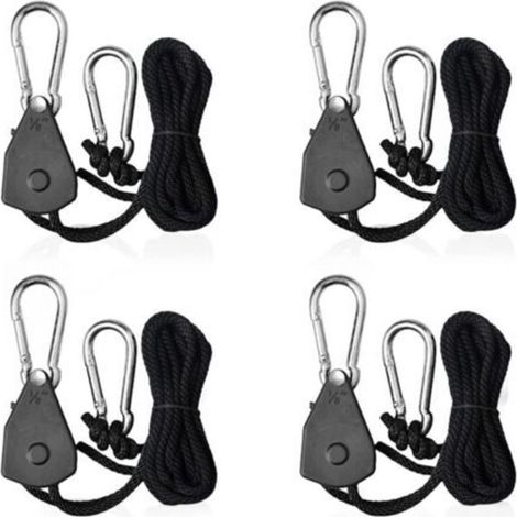 Tendeur manuel à cliquet (4 pièces) – Câble tressé en nylon de 2,4 m – Charge maximale de 34 kg – Crochets en acier inoxydable pour usage intérieur et extérieur