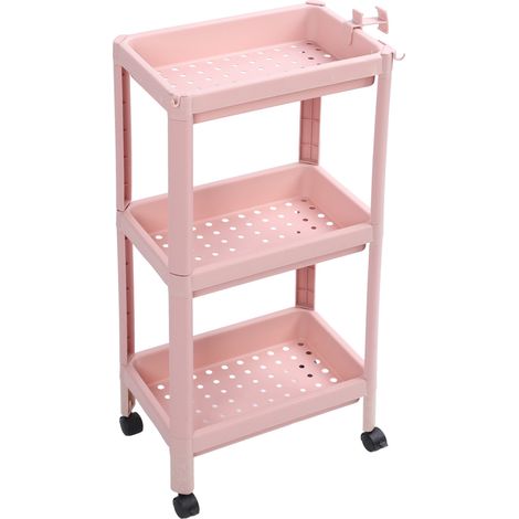 Étagère de salle de bain à poser au sol, 3 niveaux rose, stable et durable, rangement d'angle, avec roulettes (1/5)