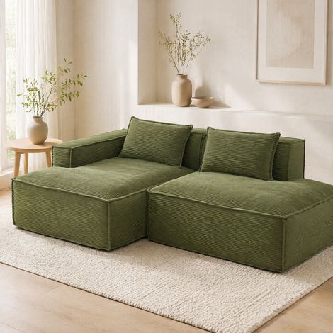 Divano angolare in tessuto verde 233 cm, 2 cuscini, stile moderno per soggiorno e ufficio (1/5)