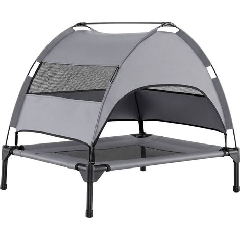 Lit surélevé pour petit chien gris avec auvent amovible, maille respirante et tissu Oxford pour jardin, terrasse et voyage (1/3)