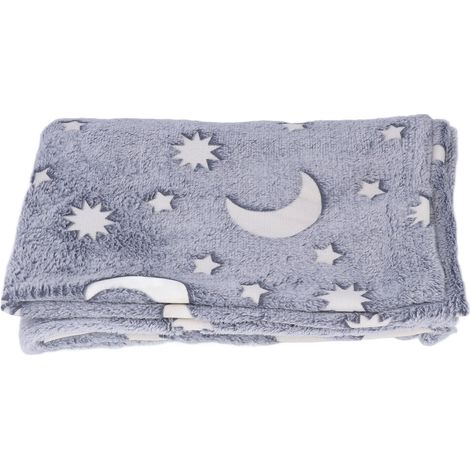 Couverture lumineuse 1,5 x 2 m en flanelle double face, motif étoiles et lune, douce et phosphorescente pour enfants, grise. (1/5)