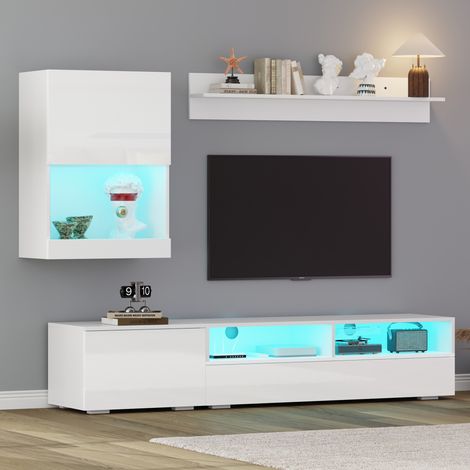 Ensemble meuble TV mural 3 pièces avec LED, panneau TV et vitrine blanc brillant pour TV jusqu’à 80 pouces