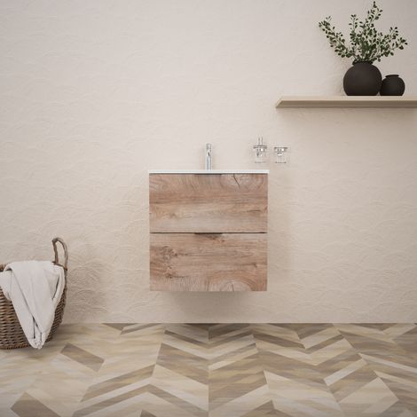Inda - Badezimmerschrank B.60 mit glänzendem Waschbecken / Natureiche 2 Schubladen - Topazio
