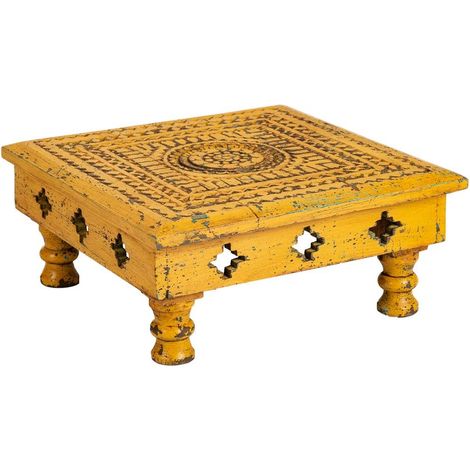 Mesa centro de madera tallada amarilla 33x33x14