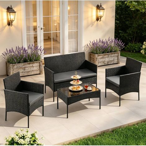 Ensemble de salon de jardin en rotin noir pour 4 personnes avec table en verre (1/5)