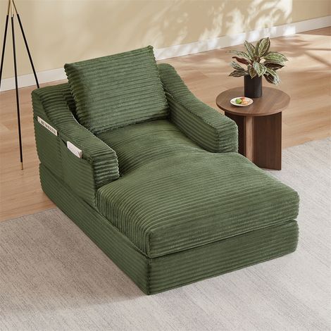 Fauteuil Convertible 1 Place - 100x162x68cm - Chaise Longue Modulable en Velours Côtelé Design Double Couche - Vert (1/5)