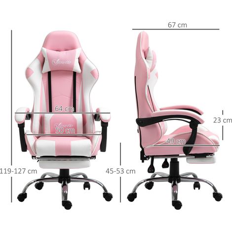 Fauteuil gaming ergonomique, siège de bureau ajustable avec repose-tête, support lombaire, hauteur réglable, rotation 360°, coloris rose et blanc. (1/5)