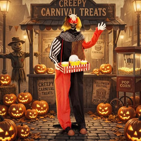 Clown animé d'Halloween en popcorn avec une tête qui rebondit, des effets sonores effrayants, de la musique de fête foraine et des yeux brillants