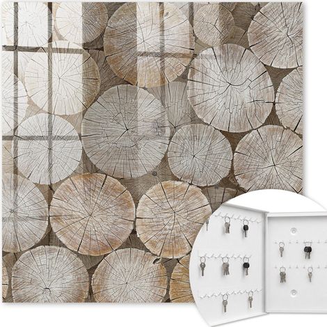 Armoire à clés - (30 cm x 30 cm) - Boîte à clés murale - Coffret de rangement pour clés - Couleur blanche - Ouverture vers la gauche - Pour maison et bureau - cercles en bois (1/5)