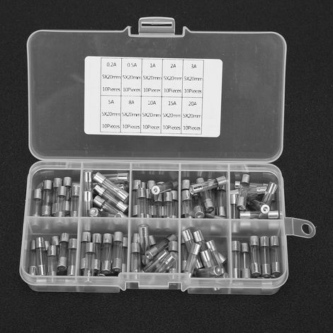 Packung mit 100 Glassicherungen, 5 x 20 mm, 10 Nennströme: 0,2 A, 0,5 A, 1 A, 2 A, 3 A, 5 A, 8 A, 10 A, 15 A und 20 A (1/5)