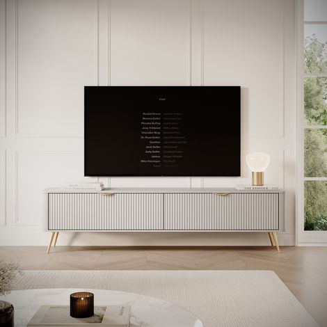 Mueble para TV Kala, un Estante, 2 Puertas, Puertas Efecto Rayado con Patas, 200x38x51h cm Beige (1/5)