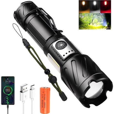 royaluxe - Lampe torche LED haute puissance 25 000 lumens rechargeable XHP902 avec double éclairage COB latéral, étanche IPX6, 6 modes d'éclairage, idéale pour (1/5)