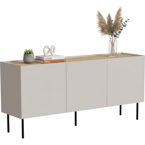 Credenza Verrone, Madia da salotto con tre ante battenti e vani interni, Rialzata da terra, 150x40 h70 cm, Beige e Rovere