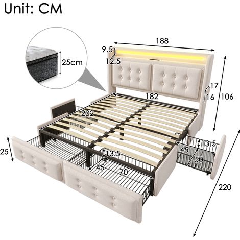 Lit double 180x200 cm avec chargeur USB-C et tête de lit LED, 4 tiroirs de rangement, cadre métallique et sommier à lattes en bois, capacité 300 kg, beige en coton (sans matelas)