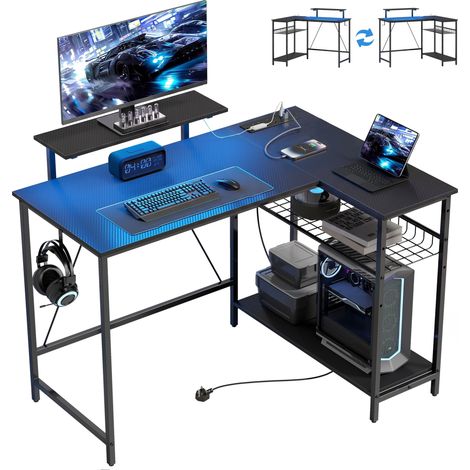 HOMCOM 114.5 cm L-Shaped Gaming Desk, Computer Desk with LED Lights, Black