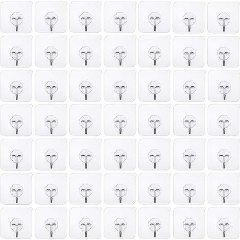 50-piece adhesive hooks, no drilling required. Self-adhesive, no-drill hooks, transparent wall hooks, clear adhesive hooks, waterproof door hooks, ideal for kitchens and bathrooms. (1/4)