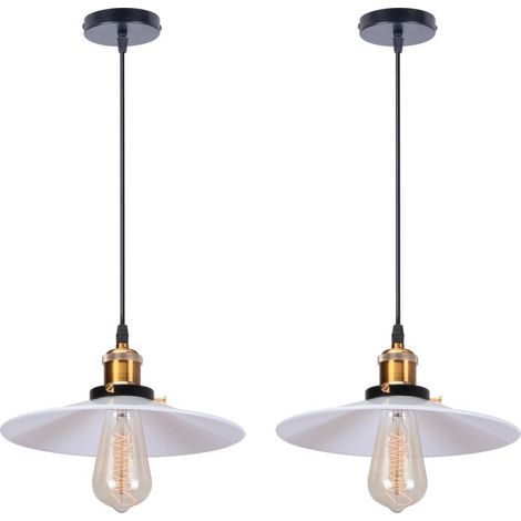 2PCS Rétro Lustre Suspension Industrielle 26cm Plaofnnier Fer Abat-jour en Métal Blanc (1/5)