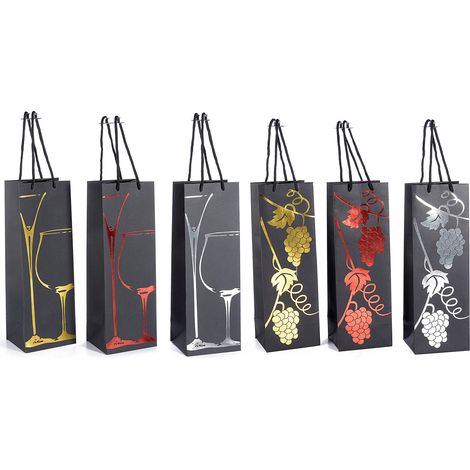 Buste in carta rigida nere con decorazioni dorate, argentate e rosse, ideali per bottiglie di vino e liquori, set da 24 pezzi, cm 12 x 10 x 35 H