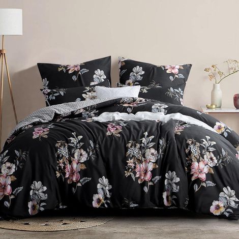Bettwäsche 220x240 3 teilig Mikrofaser Schwarz 220x240 Blumen Schwarz (1/5)