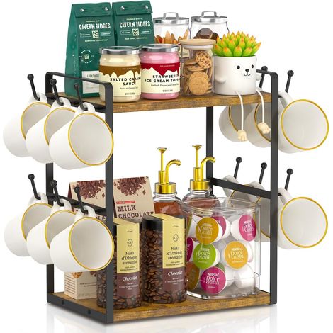 Support de rangement pour tasse de bar à café, 2 niveaux pour cuisine, bureau, étagère de rangement avec 12 crochets, crée un coin café élégant