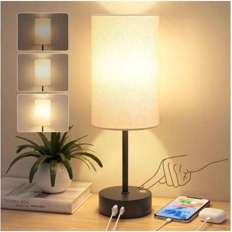 Pair Lampe de chevet tactile à intensité variable, lampe de chevet pour chambre à coucher avec port de charge USB A+C, abat-jour en lin, petite lampe de chevet pour chambre à coucher, salon, bureau à (1/4)