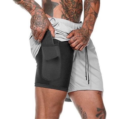 Homme Shorts 2-en-1 Sport Course Fitness Léger Gym Yoga Entraînement Ceinture Taille M-Gris (1/5)