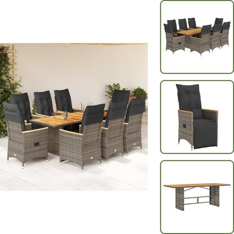 The Living Store Ensemble de bistro de jardin 9 pcs coussins gris poly rotin - Salon De Jardin - Set De Salon De Jardin - Fauteuil Inclinable - Meuble De Jardin - Résine Tressée