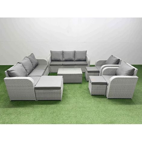Fimous PE Rattan High Back Lounge Sofa Set Patio Coffee Table & Chairs Set with 3 Seater Sofa Reclining Chair 3 Stools Light Grey (1/4)