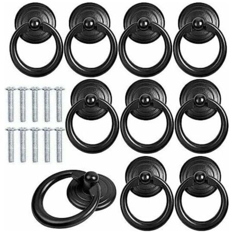 10 pezzi maniglie per cabinet in metallo nero, pomello porta e cassetto, ring pull classico, maniglia mobili, pomello mobili rotondo, pull handles per cabinet, armadi e cassetti con viti (1/4)