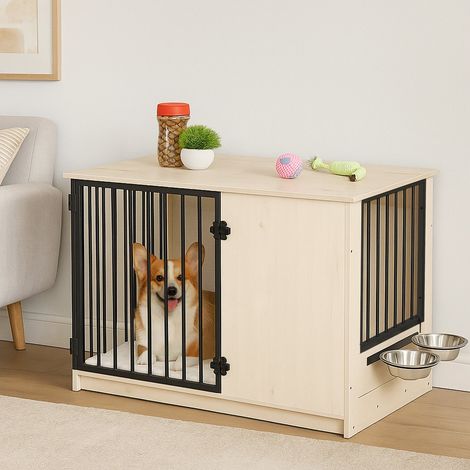 Hundebox fur den innenbereich holzoptik 2 napfe mittlere groe
