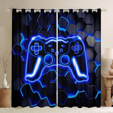 Rideau Occultant 140x260 cm Jeu, Rideau Néon Honeycomb Gamer, Rideaux Voilage Console de Jeu Rétro, Voilage Fenetre Lumières Hexagonales Bleues, pour Chambre SalonGamer - 140L X 260H cm (2 Panneaux) (1/5)